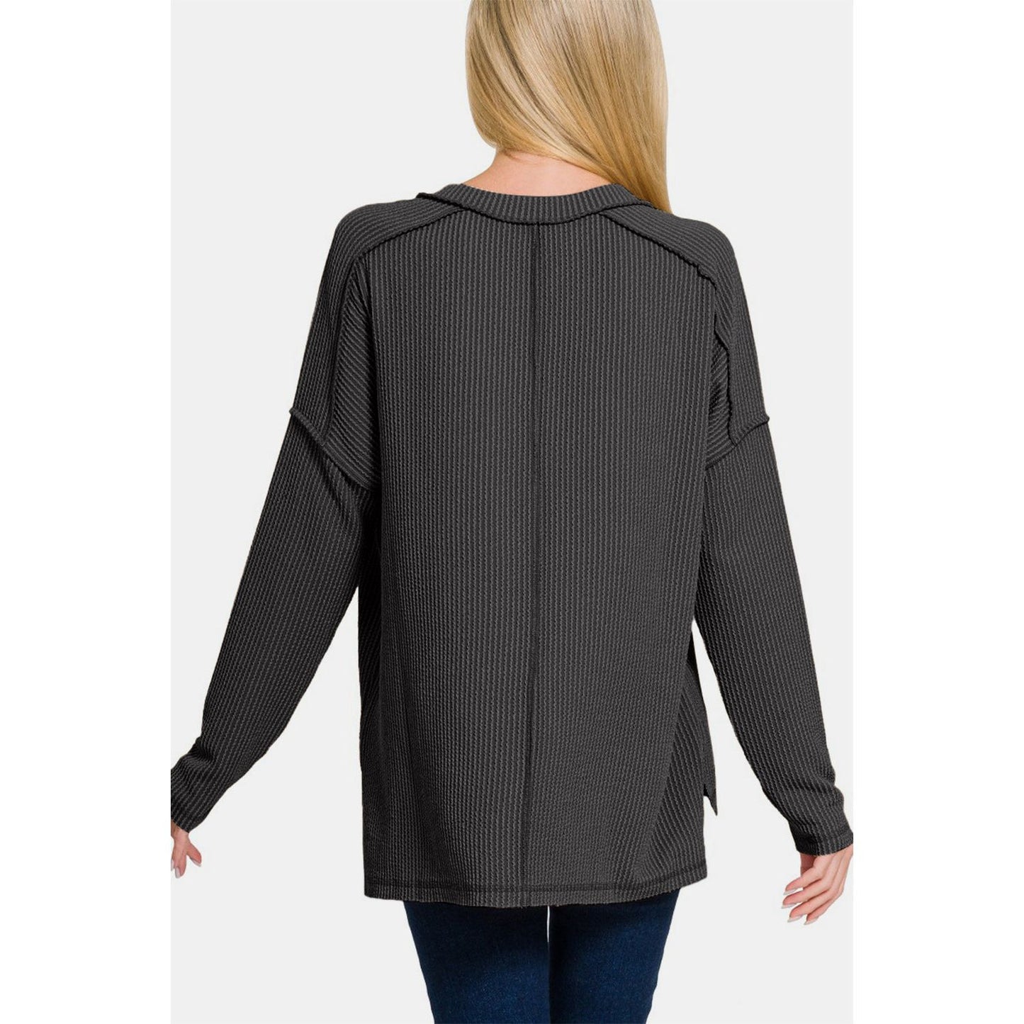 Zenana Texture Exposed Seam V-Neck Long Sleeve T-Shirt