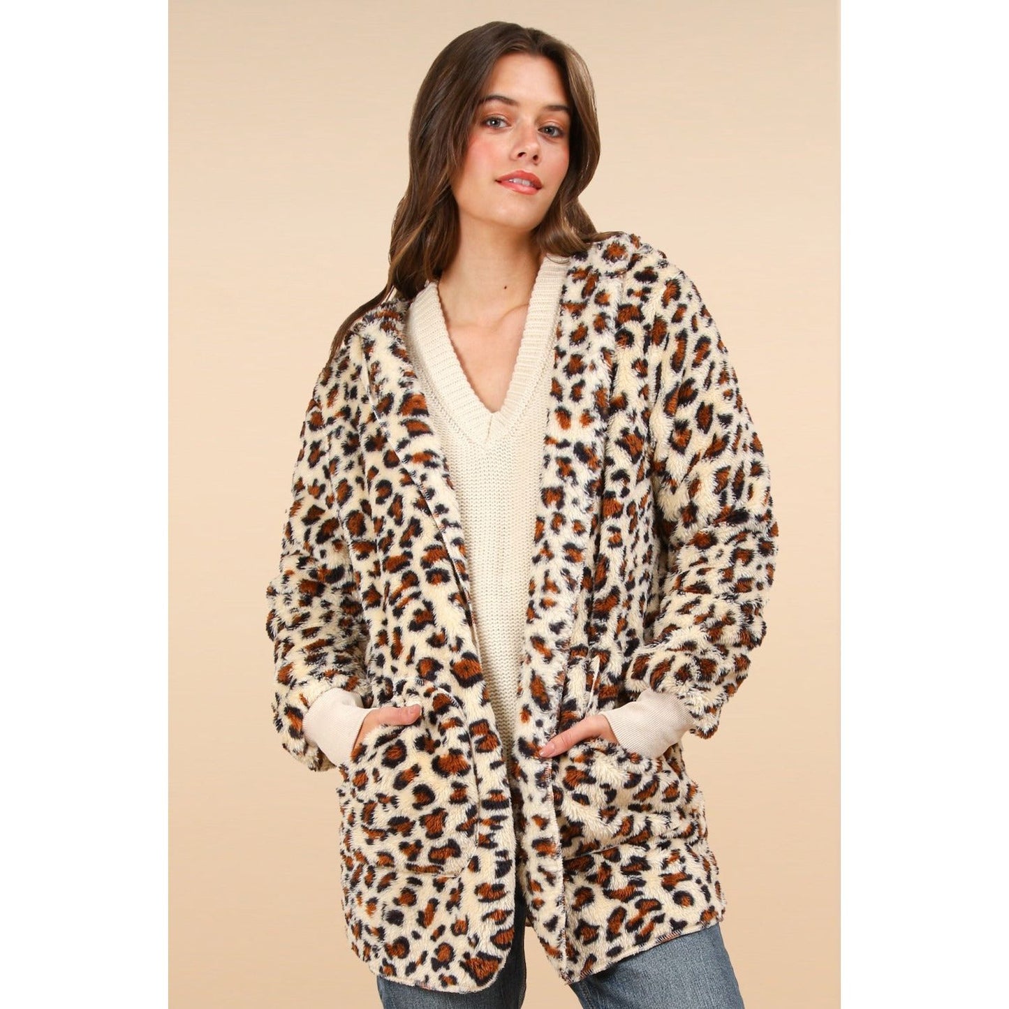 VERY J Fuzzy Leopard Long Sleeve Hooded Jacket