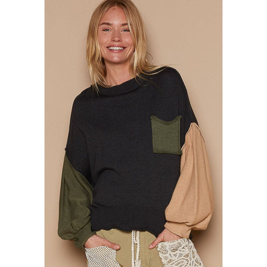 POL Color Block Roll Hem Hacci Sweater