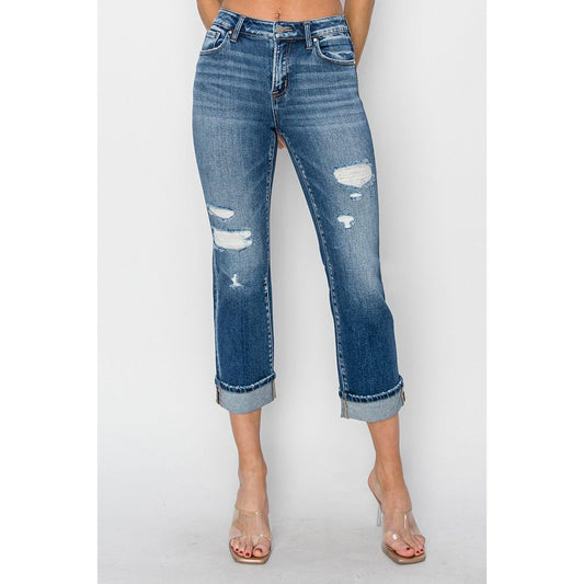 RISEN Full Size Cuffed Ankle Distressed Straight Jeans