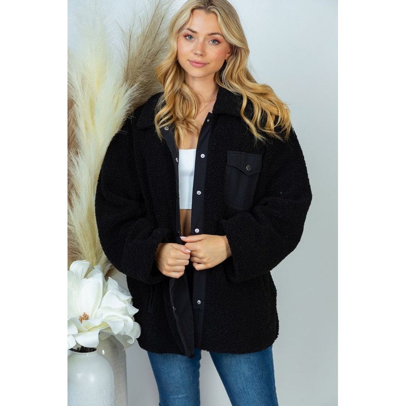 Long Sleeve Solid Woven Sherpa Jacket