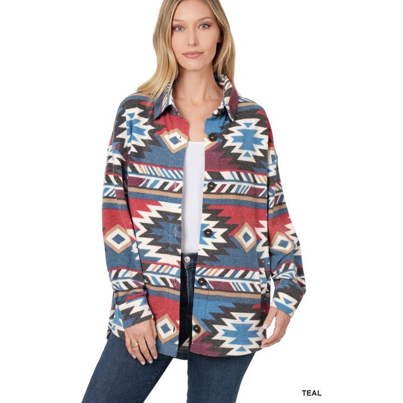 Brushed Aztec Oversized Shacket With Pockets