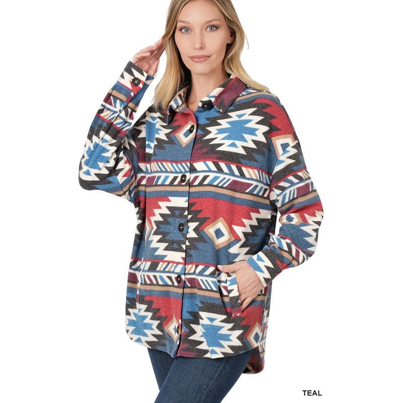 Brushed Aztec Oversized Shacket With Pockets