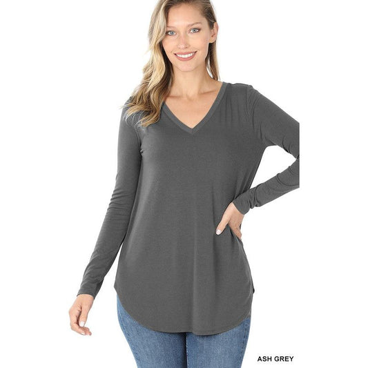 Long Sleeve V-Neck Round Hem Top