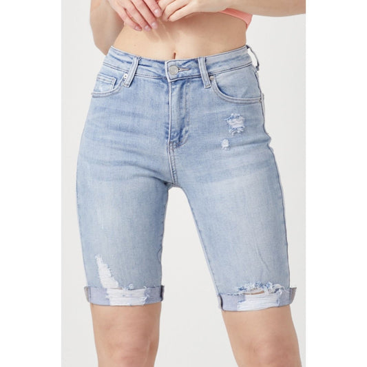 RISEN High Rise Distressed Denim Bermuda Shorts