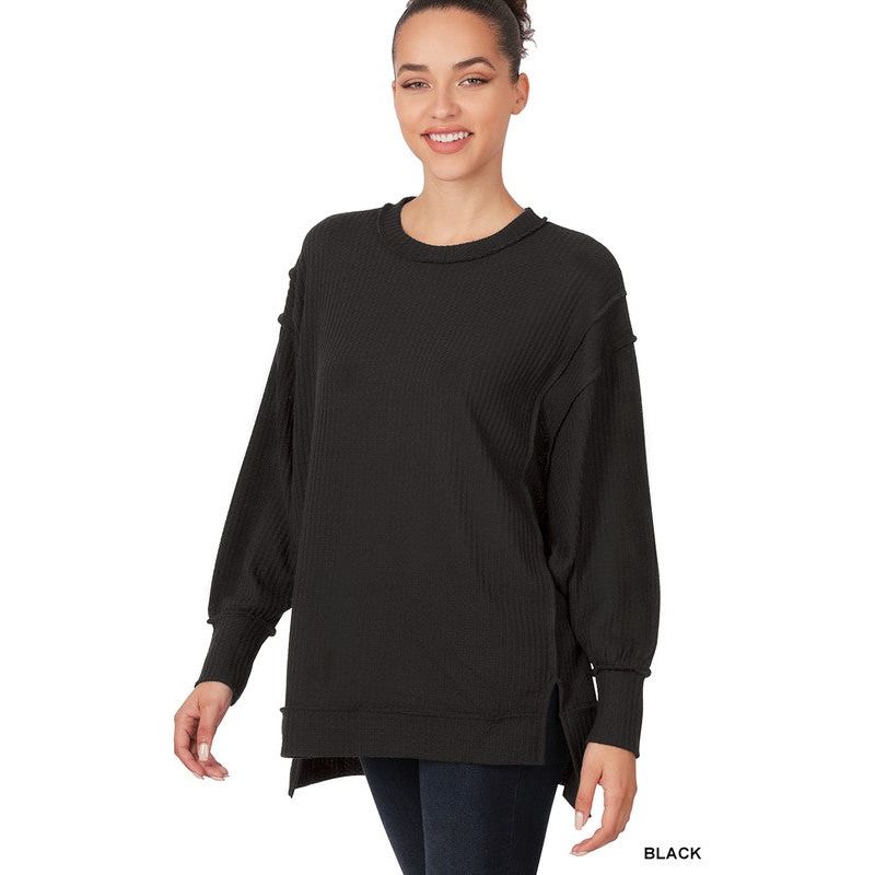 Brushed Waffle Oversized Exposed-Seam Sweater