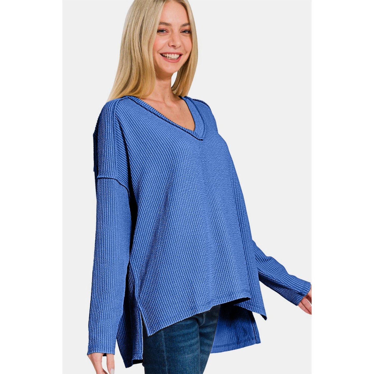 Zenana Texture Exposed Seam V-Neck Long Sleeve T-Shirt