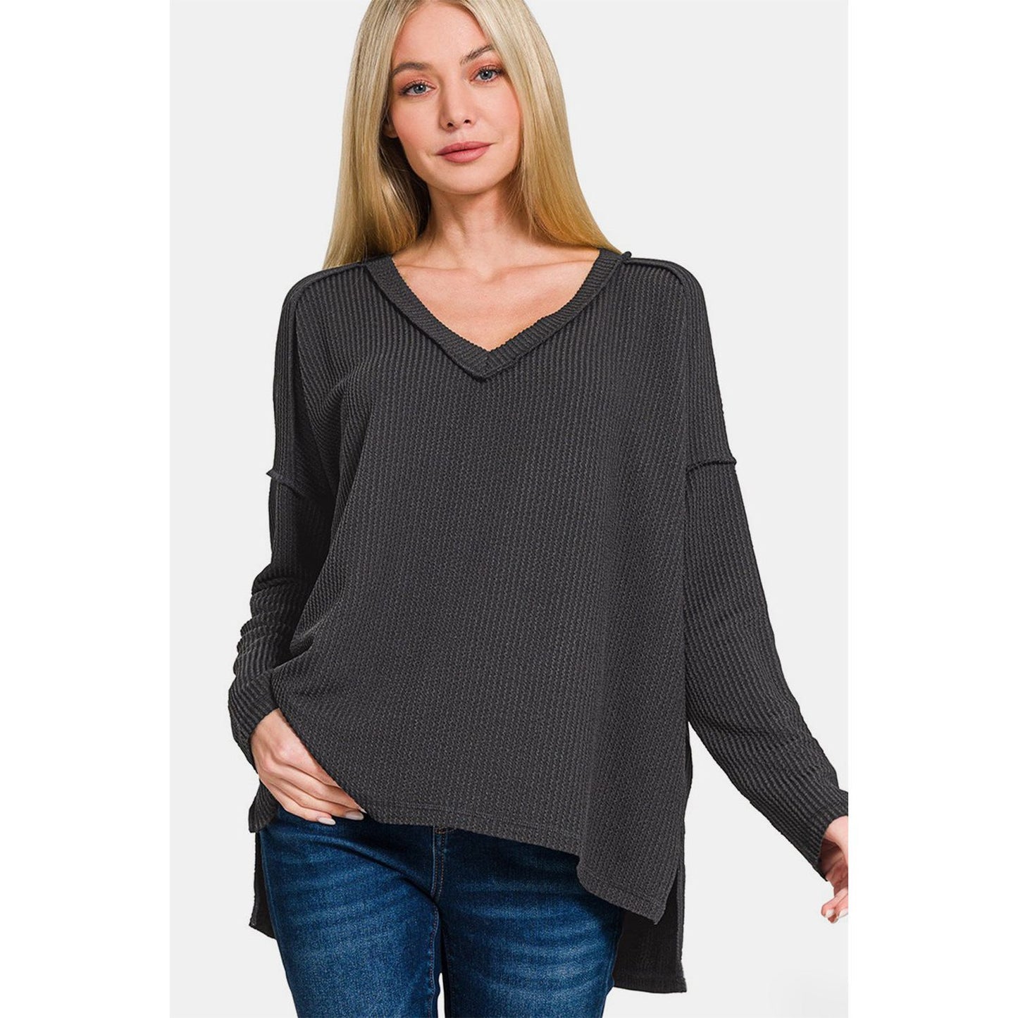 Zenana Texture Exposed Seam V-Neck Long Sleeve T-Shirt