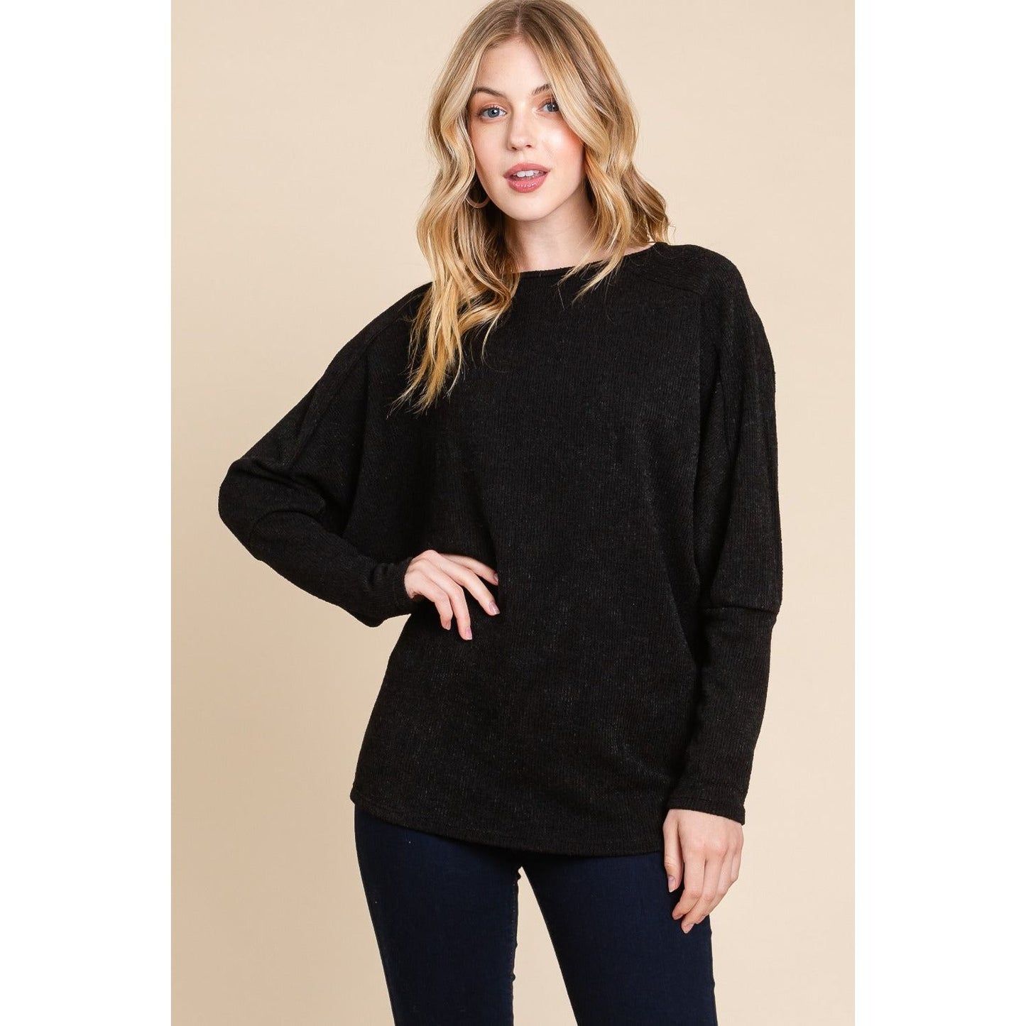 BOMBOM Drop Shoulder Long Sleeve Knit Top