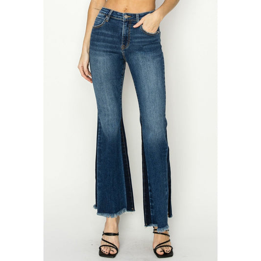 RISEN Full Size High Rise Side Shadow Seam Detail Slit Flare Jeans