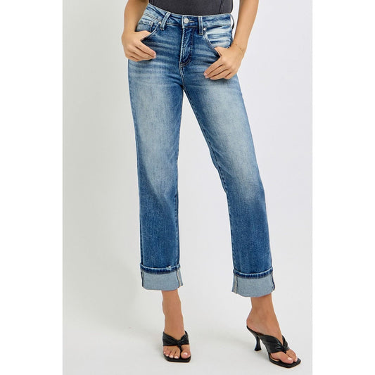 RISEN Full Size High Rise Crop Straight Roll Up Jeans