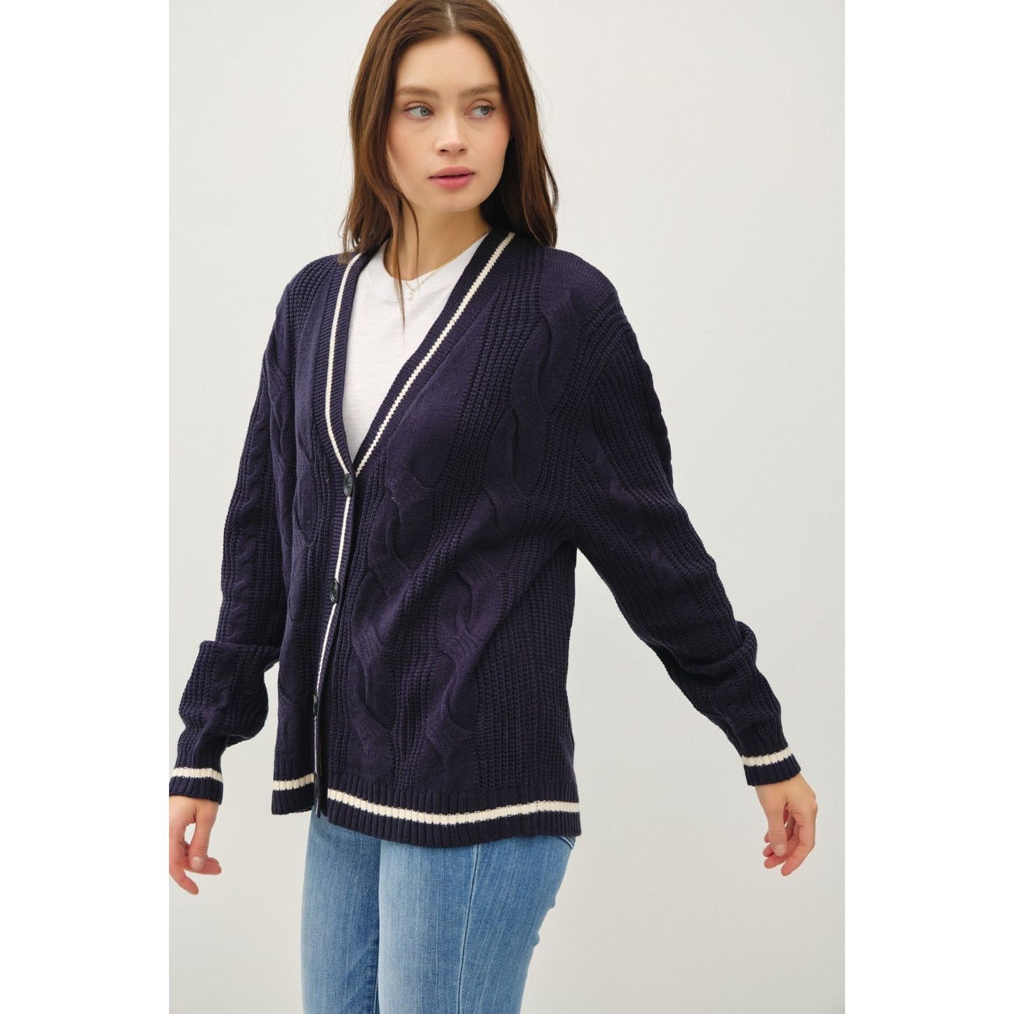 Be Cool Contrast Trim Cable-Knit V-Neck Cardigan