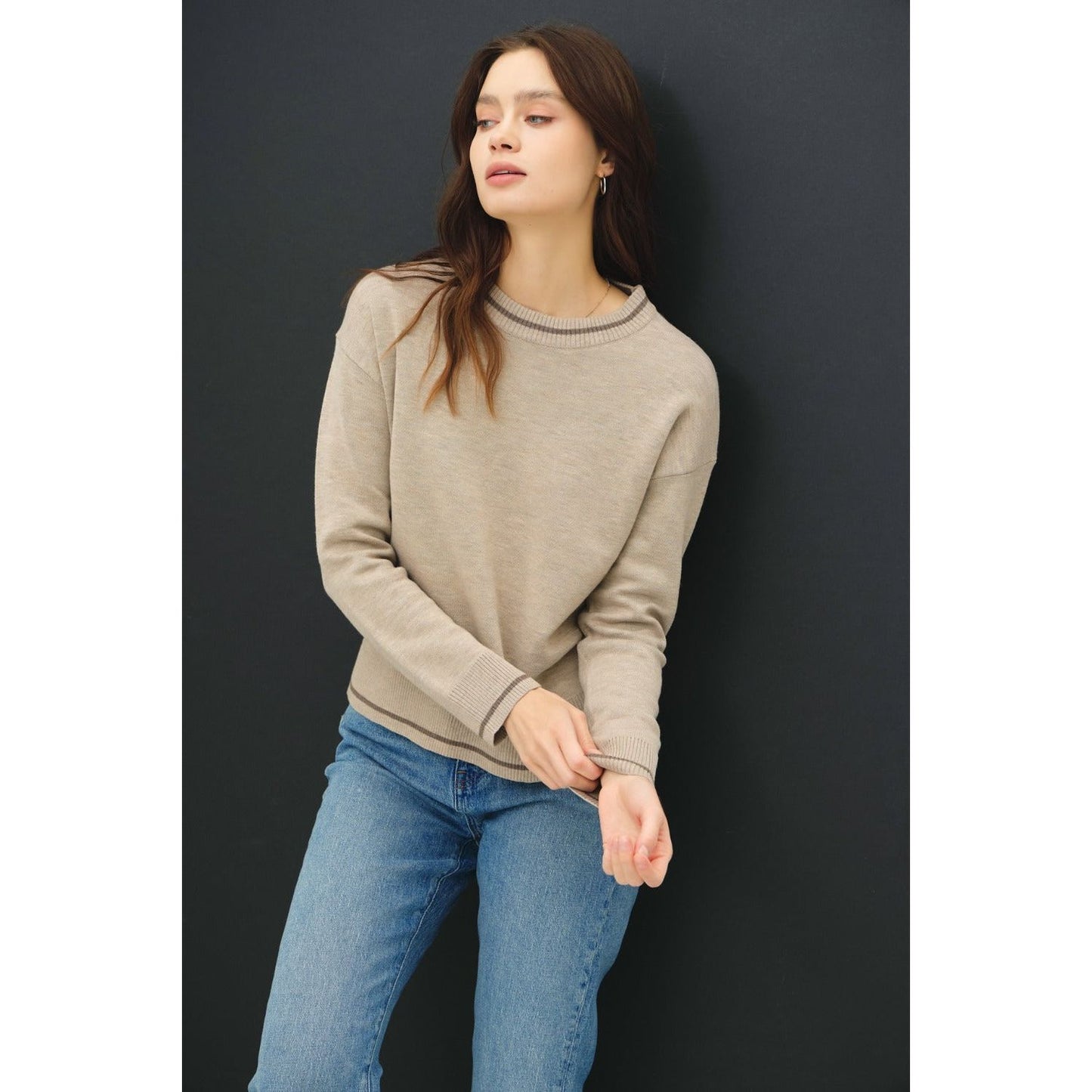 Be Cool Striped Trim Round Neck Long Sleeve Sweater