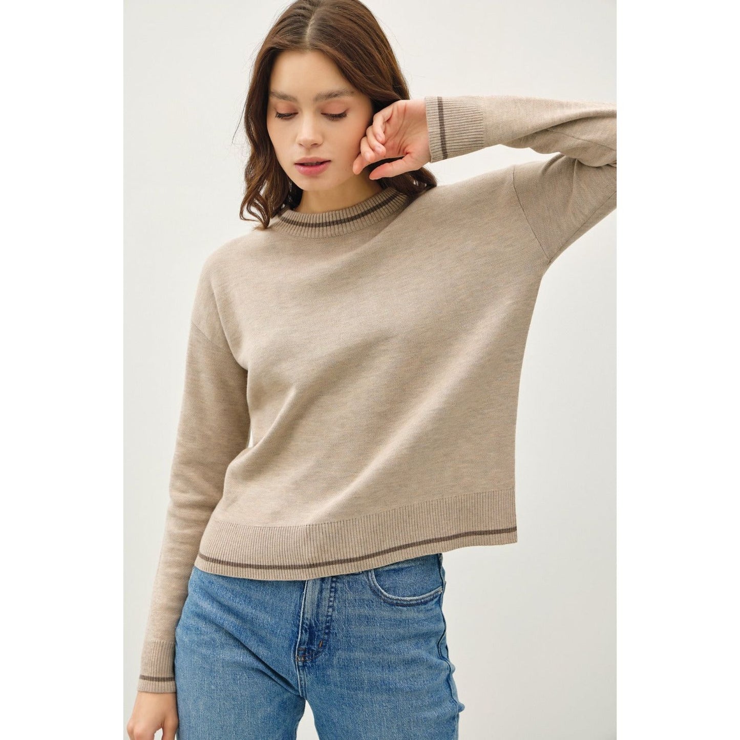 Be Cool Striped Trim Round Neck Long Sleeve Sweater