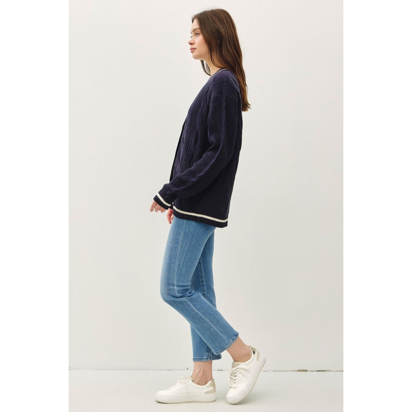 Be Cool Contrast Trim Cable-Knit V-Neck Cardigan