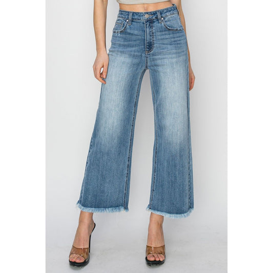 RISEN Raw Hem Cropped Wide Leg Jeans