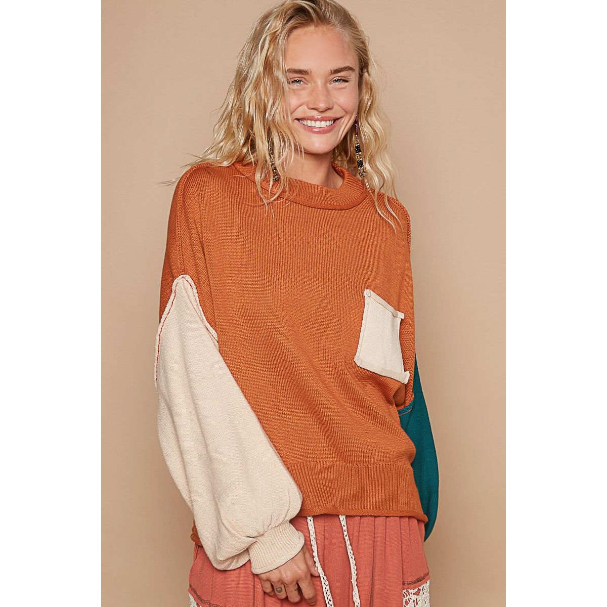 POL Color Block Roll Hem Hacci Sweater