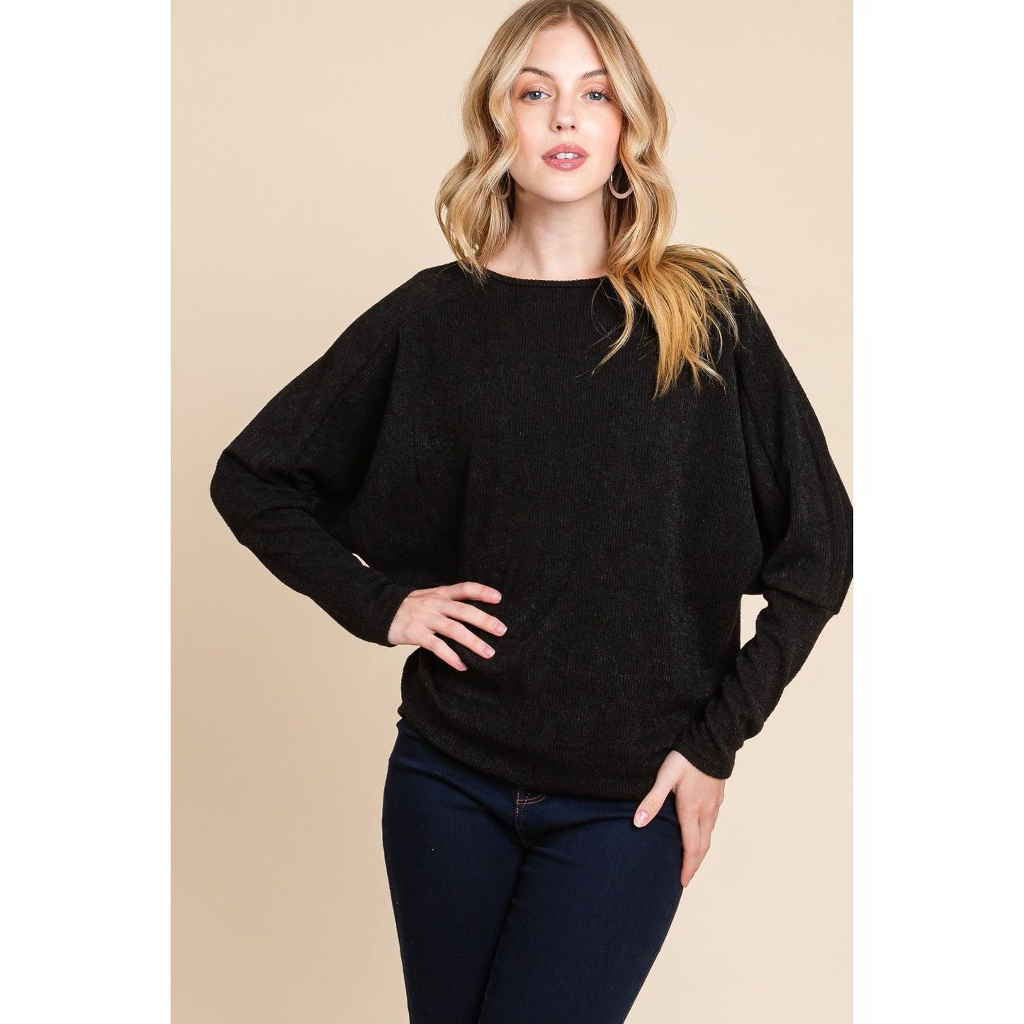 BOMBOM Drop Shoulder Long Sleeve Knit Top