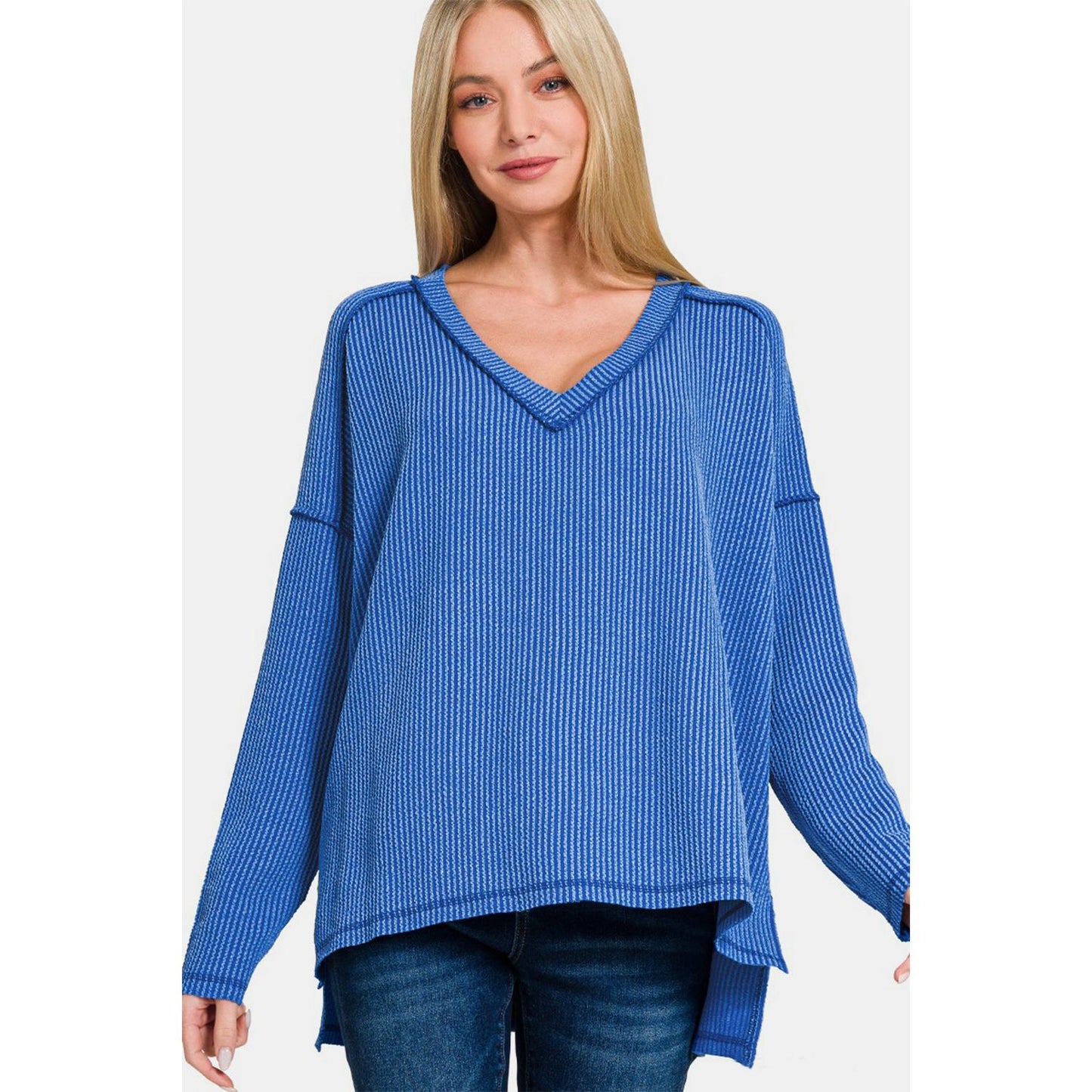 Zenana Texture Exposed Seam V-Neck Long Sleeve T-Shirt