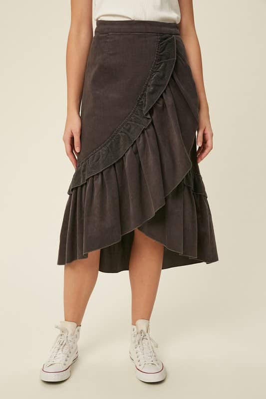 Charcoal Corduroy Wrap Midi Skirt