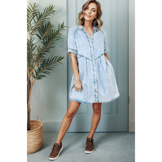 Button Up Flounce Sleeve Denim Dress