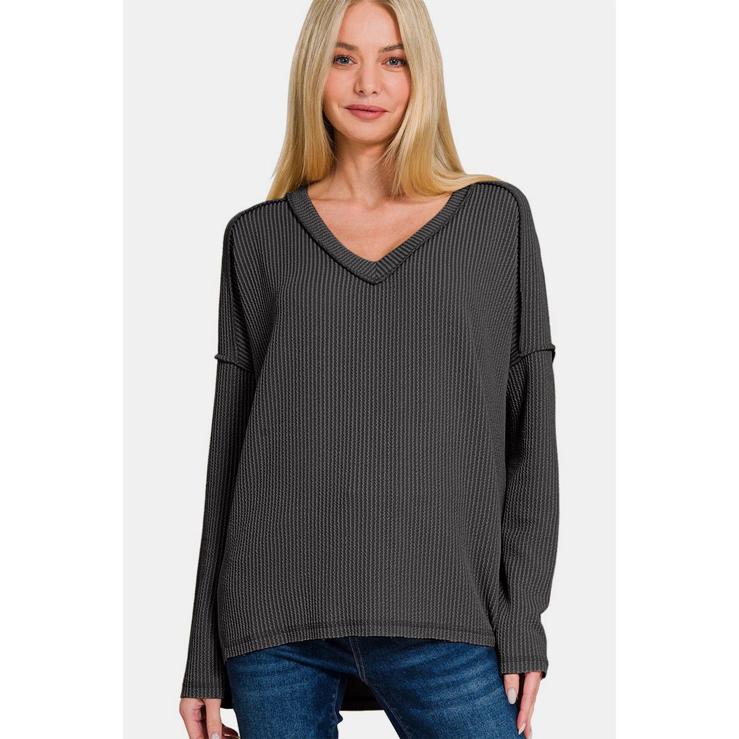 Zenana Texture Exposed Seam V-Neck Long Sleeve T-Shirt