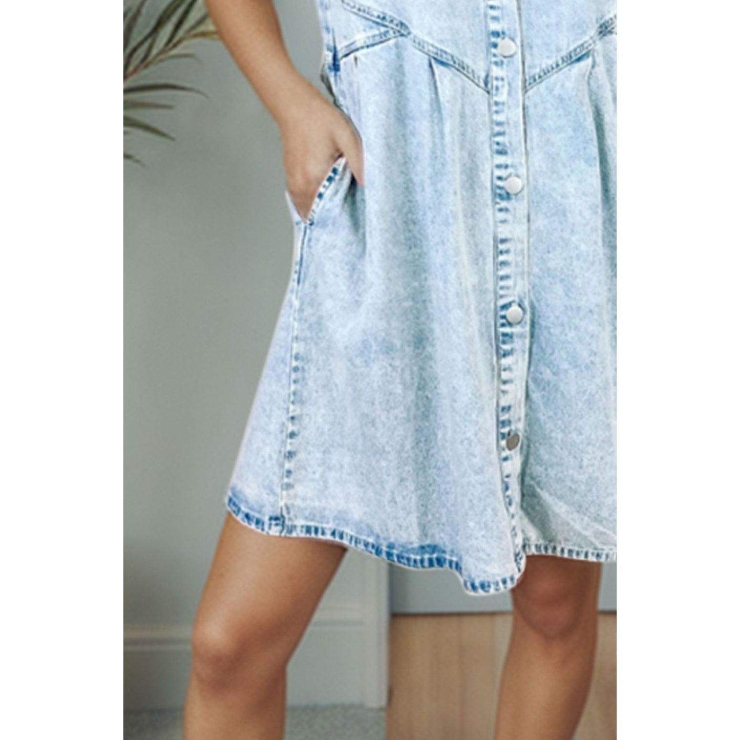 Button Up Flounce Sleeve Denim Dress