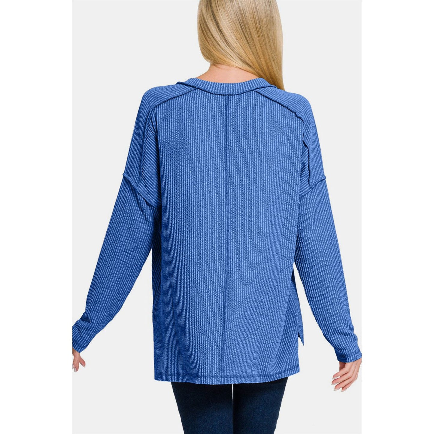 Zenana Texture Exposed Seam V-Neck Long Sleeve T-Shirt