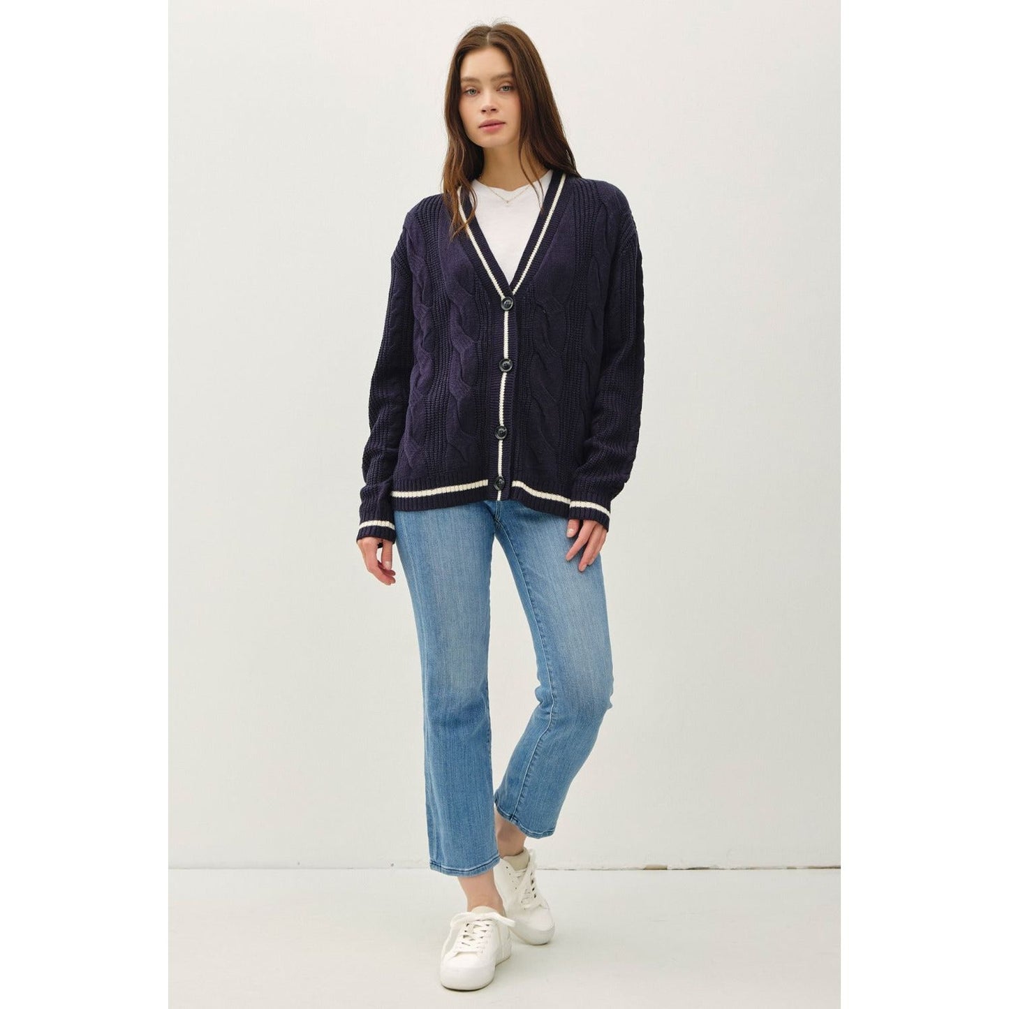 Be Cool Contrast Trim Cable-Knit V-Neck Cardigan