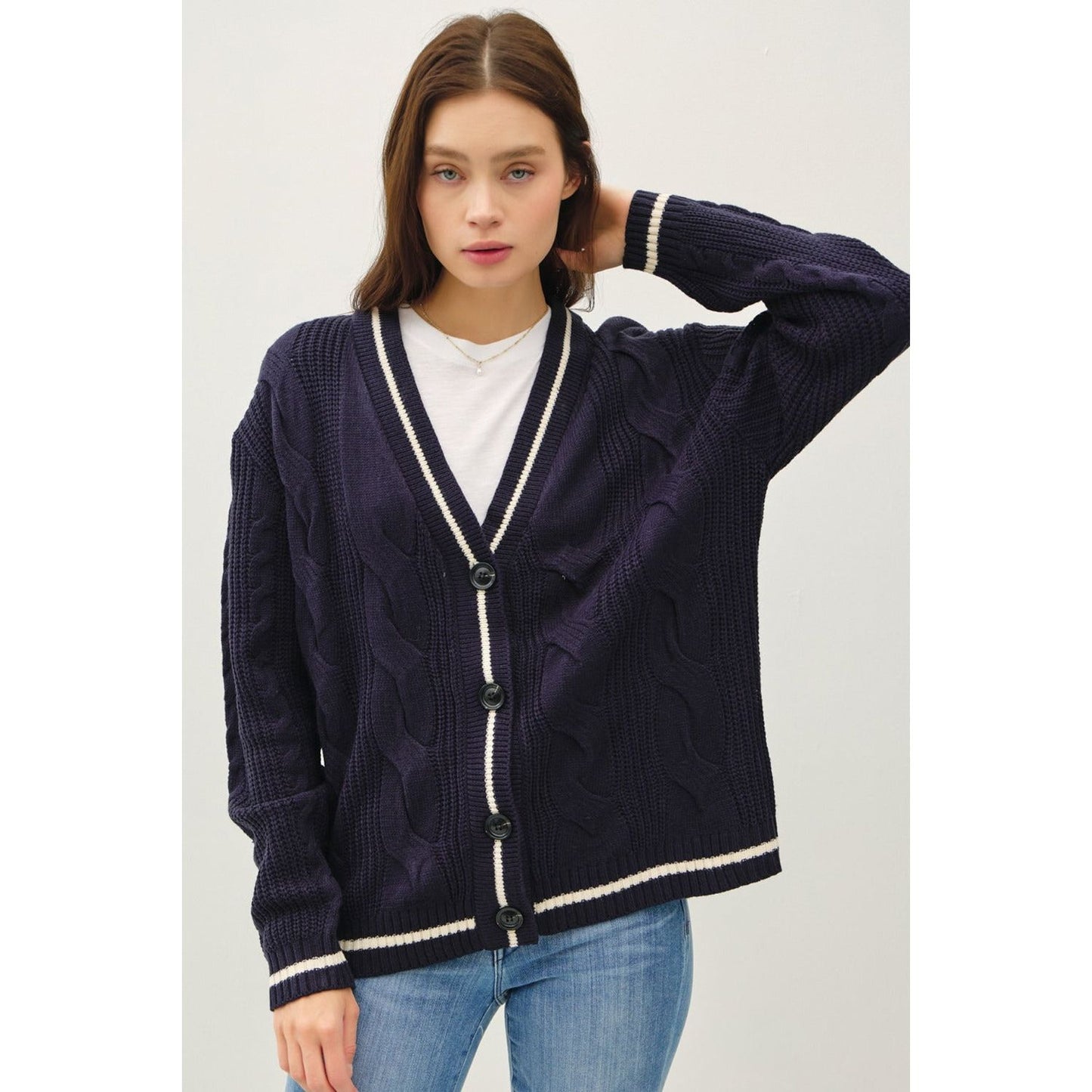 Be Cool Contrast Trim Cable-Knit V-Neck Cardigan