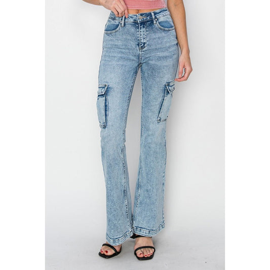 RISEN Full Size High Rise Cargo Flare Jeans