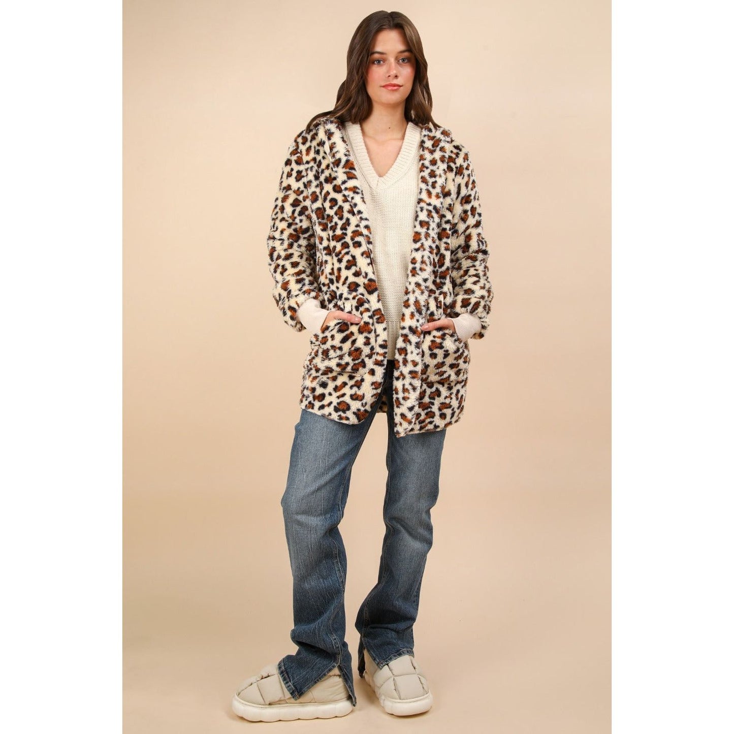 VERY J Fuzzy Leopard Long Sleeve Hooded Jacket