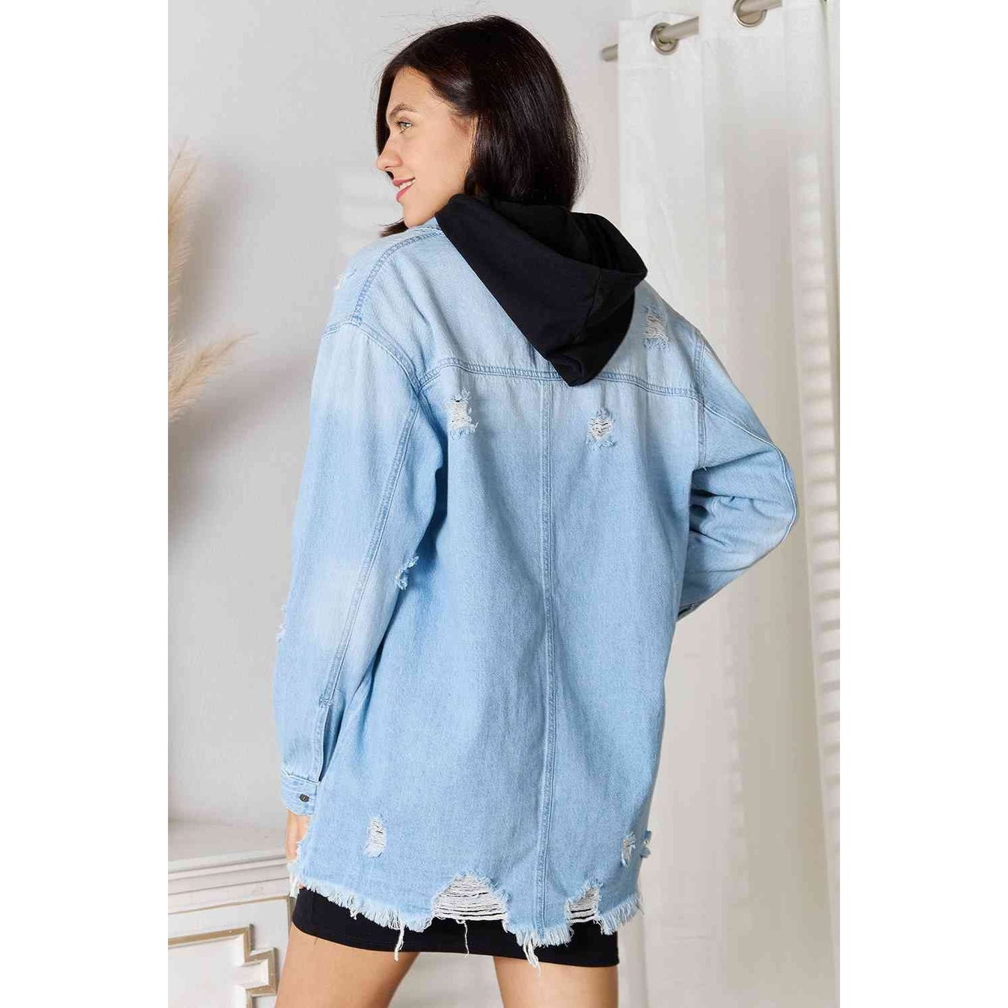 RISEN Full Size Distressed Raw Hem Denim Jacket