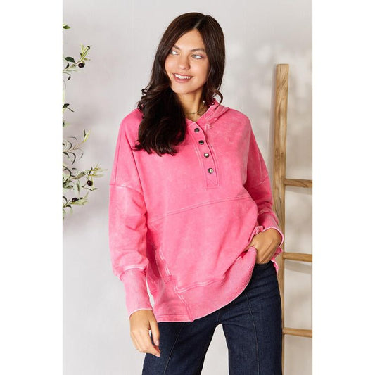 Zenana Half Snap Long Sleeve Hoodie with Pockets