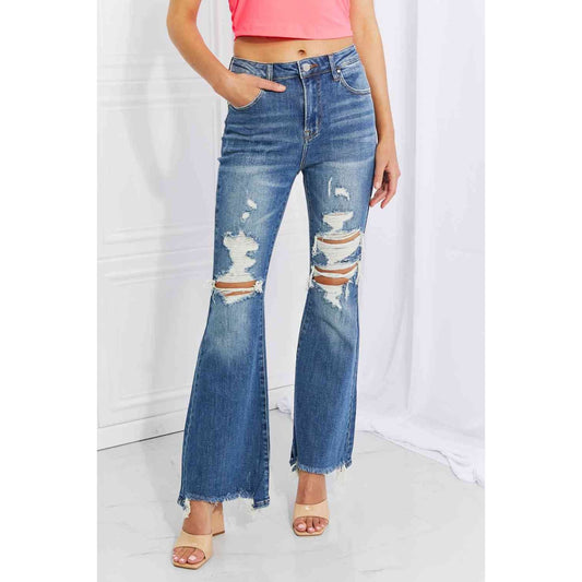 RISEN Full Size Hazel High Rise Distressed Flare Jeans