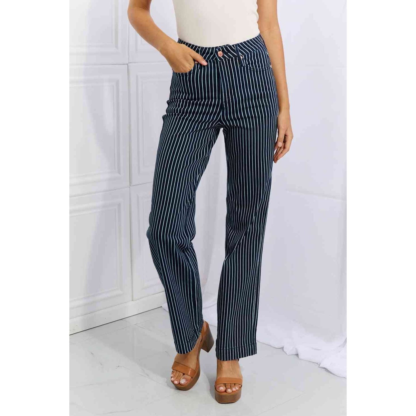 Judy Blue Cassidy Full Size High Waisted Tummy Control Striped Straight Jeans