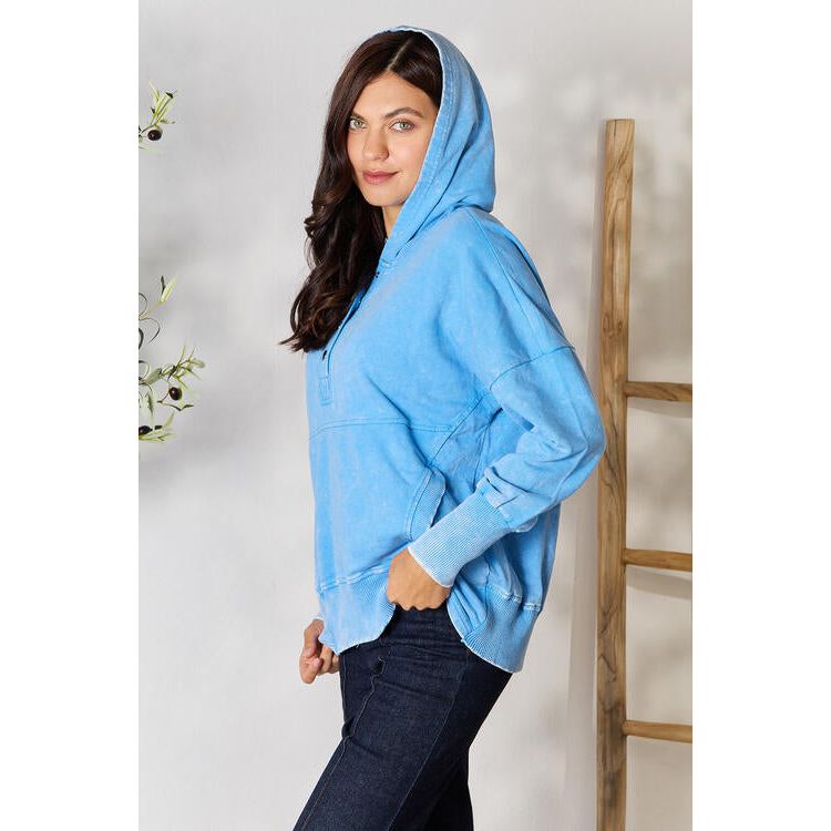 Zenana Half Snap Long Sleeve Hoodie with Pockets