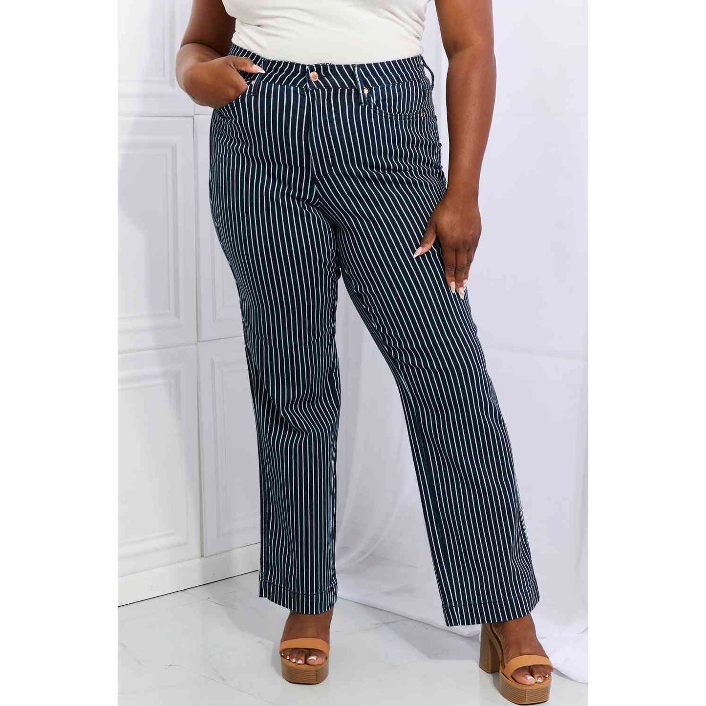 Judy Blue Cassidy Full Size High Waisted Tummy Control Striped Straight Jeans