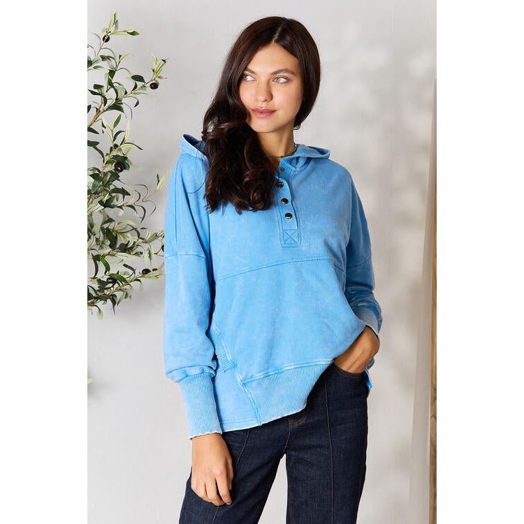 Zenana Half Snap Long Sleeve Hoodie with Pockets