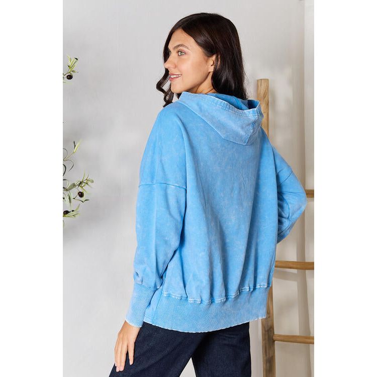 Zenana Half Snap Long Sleeve Hoodie with Pockets