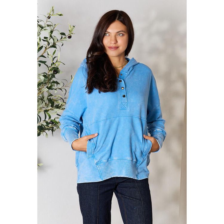 Zenana Half Snap Long Sleeve Hoodie with Pockets