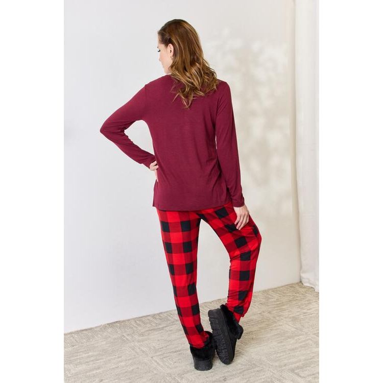 Zenana Full Size Plaid Round Neck Top and Pants Pajama Set