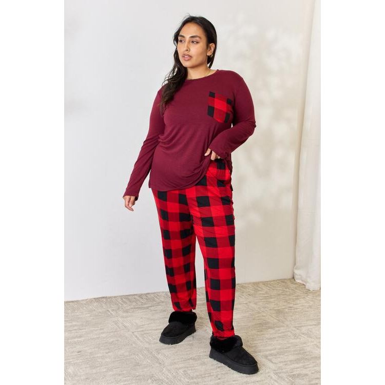 Zenana Full Size Plaid Round Neck Top and Pants Pajama Set