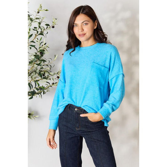 Zenana Round Neck Long Sleeve Sweater with Pocket